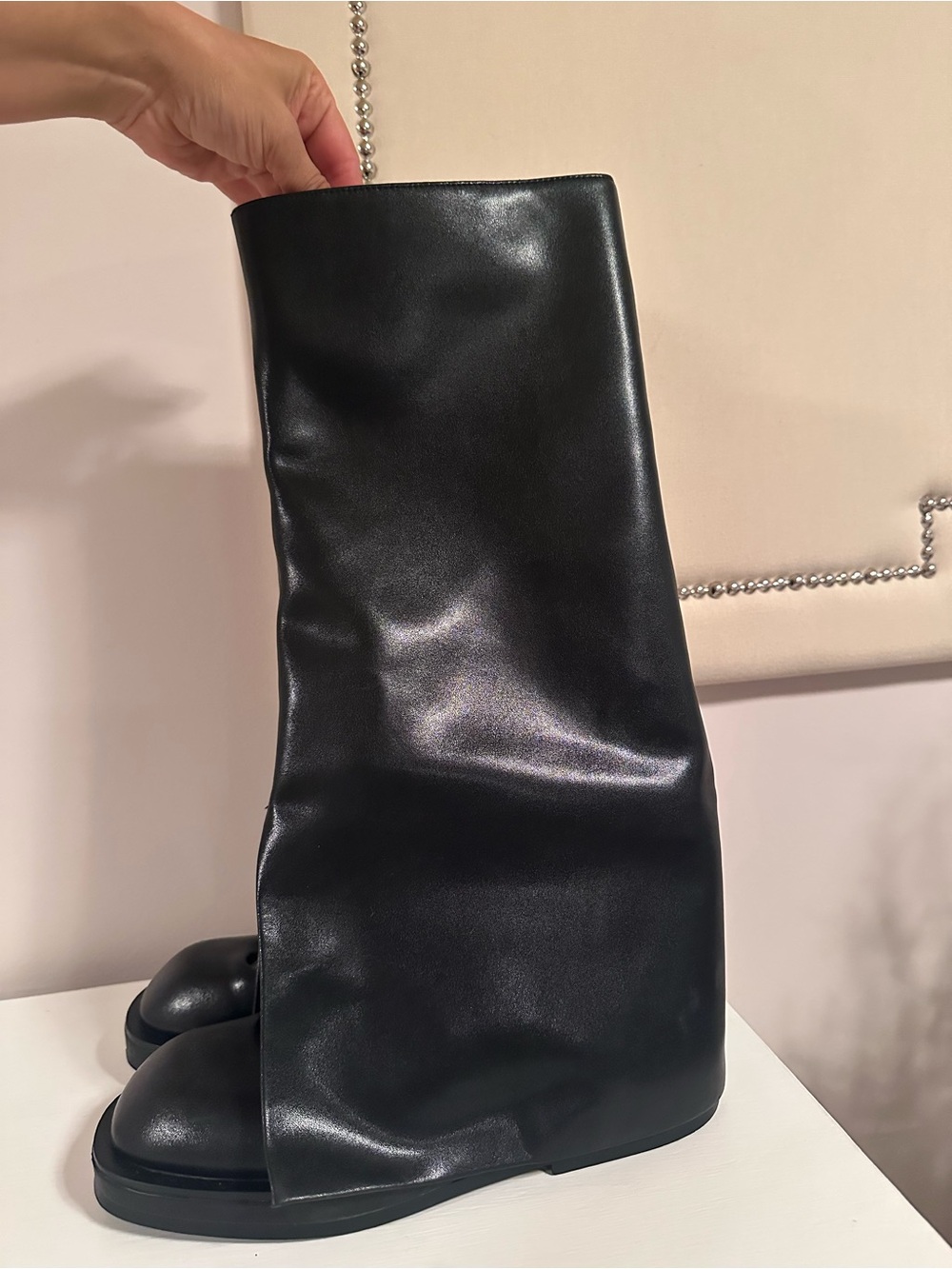 CALYN LUO Women's Black Leather High Shaft Slip-On Boots LEATHER BOOTS